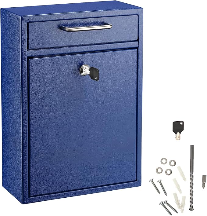 AdirOffice Mailboxes for Outside Wall Mount Large with Key Lock, Metal Locking Mailbox with Post Outdoor, Residential Mail Box Lock and Key, Cash Drop Box for Money, Parcel, Envelopes & Cards Blue