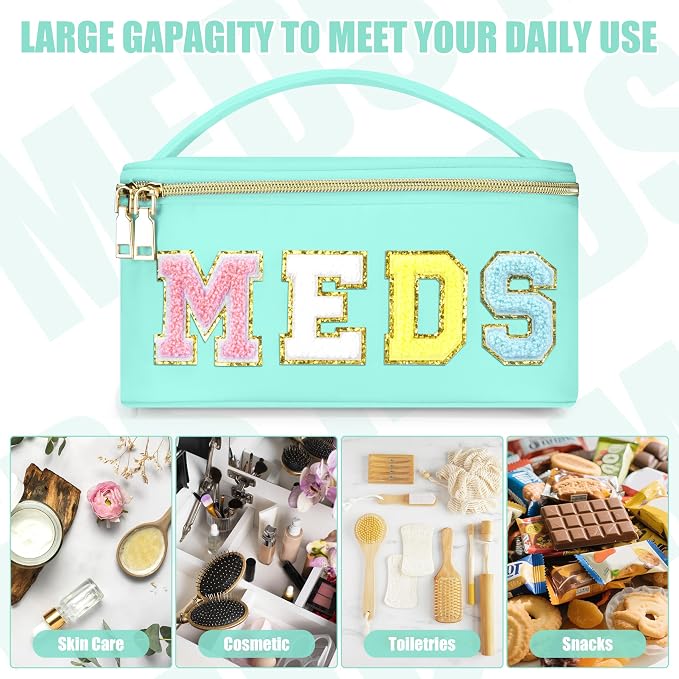 BuyCard Medicines Chenille Letter Bag Nylon Meds Makeup Pouch Preppy Path with Zipper and Handle Cosmetic Toiletry Storage Purse for Women Green