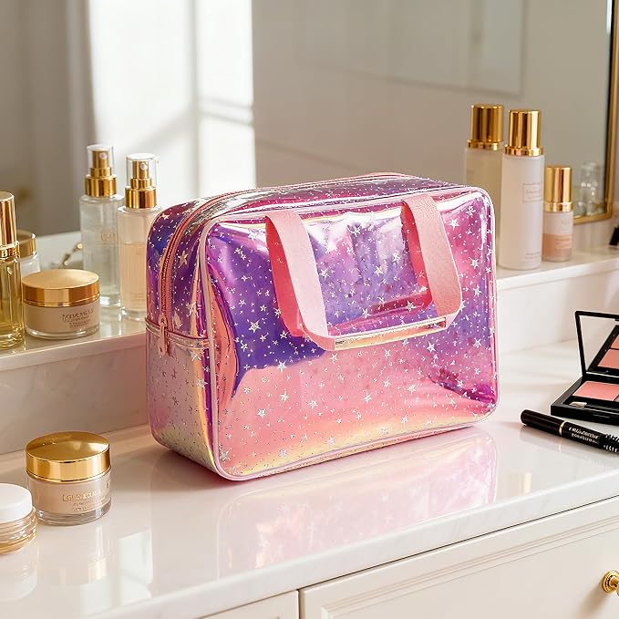 TPU Holographic Pink Star Large Cosmetic Bag 12x5x8 inch Travel Pouch with Handle,Durable Material,Zipper Design-Ideal for Makeup,Travel Essentials (9593-8)