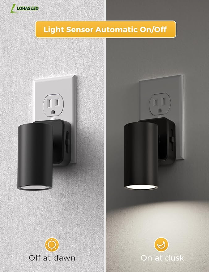 L LOHAS LED Night Lights Plug into Wall, [2-Pack] Rotatable Night Lights with Dusk to Dawn Sensor, 0-100 LM Brightness Adjustable,Daylight White 5000K Spot Light Indoor for Bathroom Hallway