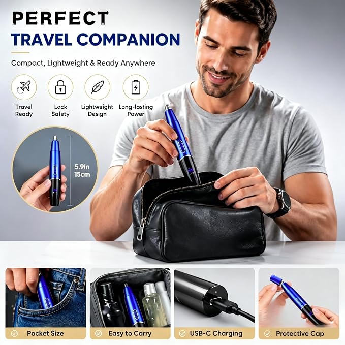 5-in-1 Rechargeable Nose & Ear Hair Trimmer - IPX7 Waterproof Dual Edge Grooming Kit for Men & Women, Perfect for Hair Removal of Nose, Eyebrows, Body, Facial Hair, Sapphire Blue
