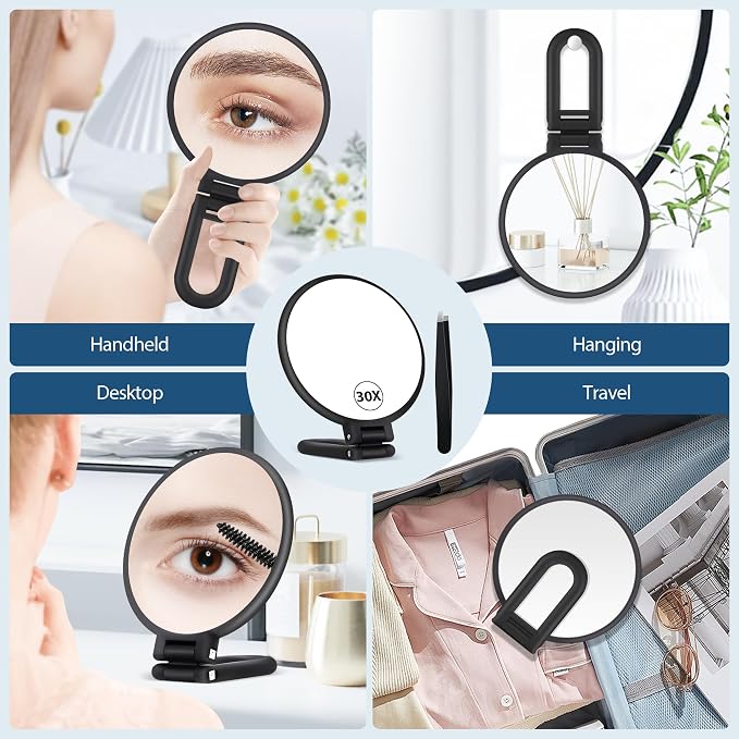 B Beauty Planet 30X Magnifying Mirror, Hand Mirror with Handle, Double Sided Hand Mirror with 30X/1X Magnification, Travel Essential Portable Foldable Makeup Mirror for Precision Makeup Black