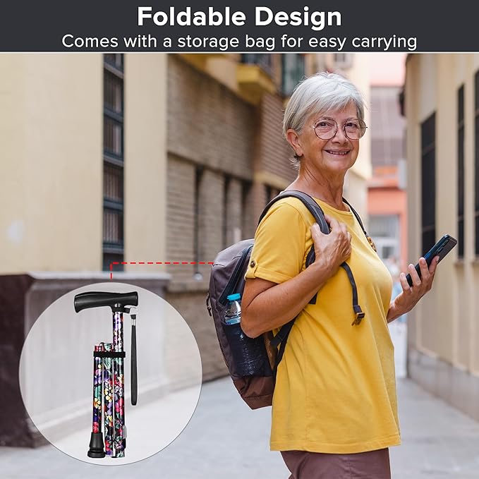 Floral Canes for Women Folding Cane for Stability with Non-Slip Base, Adjustable Walking Cane for Seniors - Lightweight Collapsible Walking Sticks with T & Offset Handle