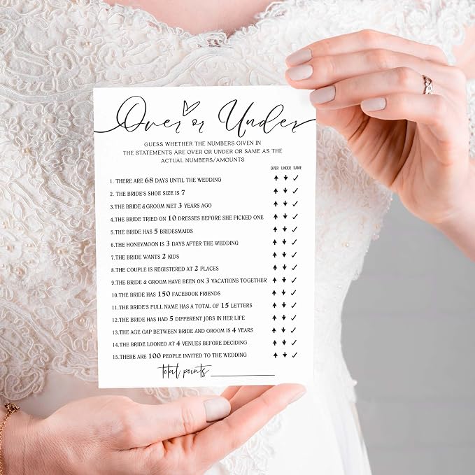 Wedding Shower Games Cards, Guess Over or Under, Bridal Shower Games 25 Guests, Engagement Party Wedding Games for Guests, Minimalist White Wedding Party Supplies - A13
