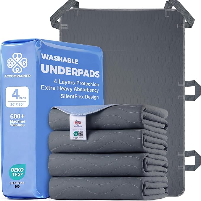 Accompagner Positioning Bed Pads Washable Waterproof, with 6 Reinforced Handles, Ultra-Absorbent, for Lifting, Turning, Transfering, Elderly and Incontinence Patients (Dark Gray, 36"x54" - Pack of 4)