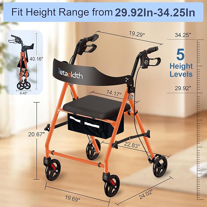 Foldable Rollator Walker with Seat for Seniors, All-Terrain Wheels, 350lb Capacity, Reinforced Inner Metal Rod for Easy Folding & One-Hand Carry, Lightweight Rolling Walker - Orange