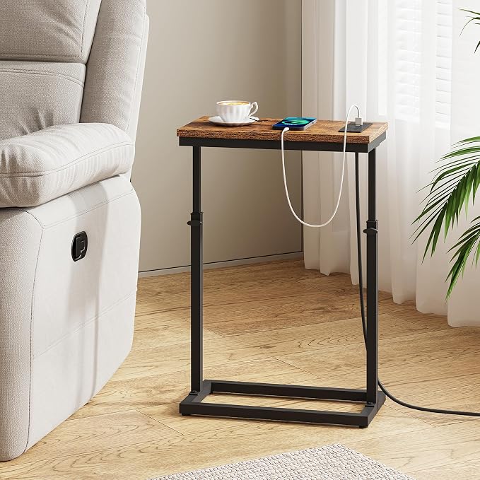 TUTOTAK End Table with Charging Station, Side Table, Tall Couch Table | Sofa Table, for living Room, Bedroom, Brown TB01BB084