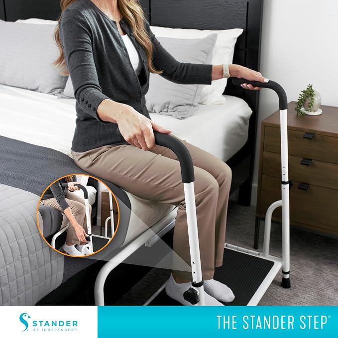 Stander Step-Stool, Free-Standing Step with Adjustable Handles for Seniors and Elderly Adults, Extra Wide Heavy Duty Step-Ladder for Fall Prevention, Grab Bars, Motion Activated LED Light, White