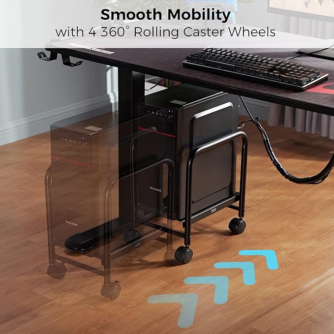 EUREKA ERGONOMIC Computer Tower Stand, Height Adjustable PC Stand for Under Desk, Mobile Rolling CPU Holer with 360° Locking Caster Wheels, Desktop Tower Cart on Floor, Desk Accessories, Steel, Black
