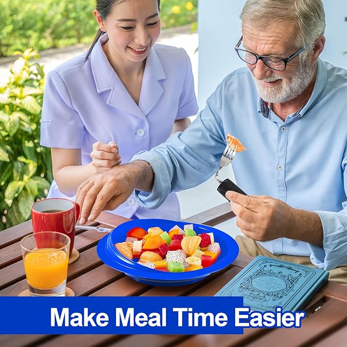 2 Sets Adaptive Utensils Bowl and Plate Set Adaptive Self Feeding Dinnerware with Suction Base Non Slip Bendable Cutlery for Elderly Disabled Hand Tremors Arthritis Parkinson(Blue)