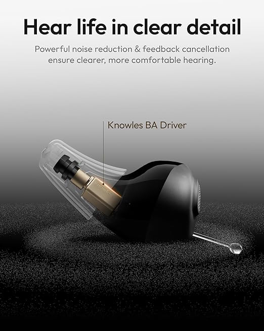 Nano Case Control OTC Hearing Aids Rechargeable, 3 Hearing Programs Feedback Cancellation Noise Reduction 54 Hours Battery Comfort-Fit ITC Design, Midnight Color