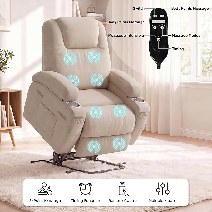 Flamaker Power Lift Chair Massage Recliner Chairs for Elderly | Ergonomic Lift Recliner Design with Cup Holders & Side Pockets, Remote Control (Beige)
