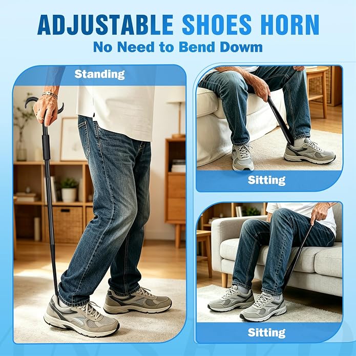 35 Inch Long Handle Shoe Horn for Seniors, Dressing Stick for Elderly, Sock Aids for Putting on Socks, Shirts, Shoes
