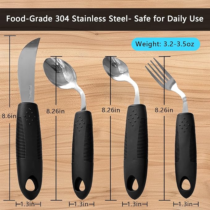 Xmas Gift Pick, 4Pcs Weighted Adaptive Utensils, 45°Angled Built up Utensils Set for Hand Tremors, 3.5oz Parkinsons Utensils for Elderly, Hand Tremors (Right-Handed)