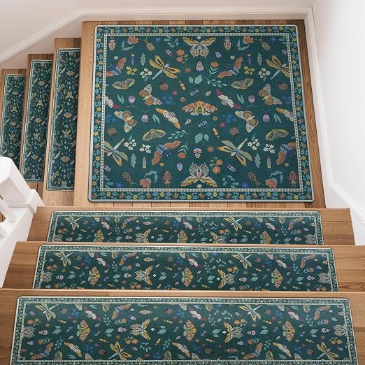 OJIA Insect Stair Treads Matching Mat for Wooden Steps 31"x31" Landing Rug | Square Stair Runners for Wooden Steps Indoor Rubber Anti-Slip Carpet for Stairs Landing Mat Stair Rugs 31x31 Dark Green