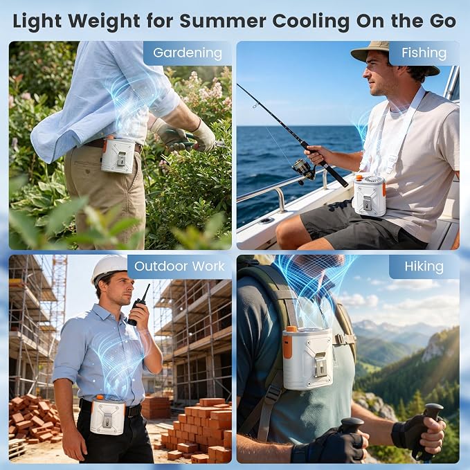 XAP Rechargeable Portable Fan, Infinitely Speed 12000RPM Strong Airflow, Personal Waist Fan Hands-Free Hanging Neck Fan, Wearable Belt Fan for Outdoor, Camping, Hiking, Jobsite