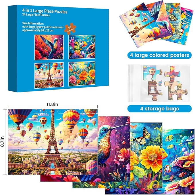 4 Pack Large Piece Puzzles for Seniors With Dementia and Alzheimer's - 24 Piece Jigsaw With Fish, Tower, Hummingbird, Flower Themes - Memory Games for Elderly