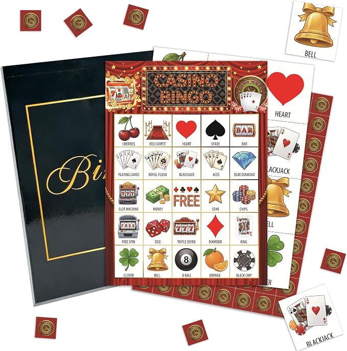 Casino Party Bingo Game Cards, Las Vega Bingo Set for Adults Large Group, Casino Themed Fun Games, Las Vega Party Activities, Icebreaker Games for Family Friends, 07