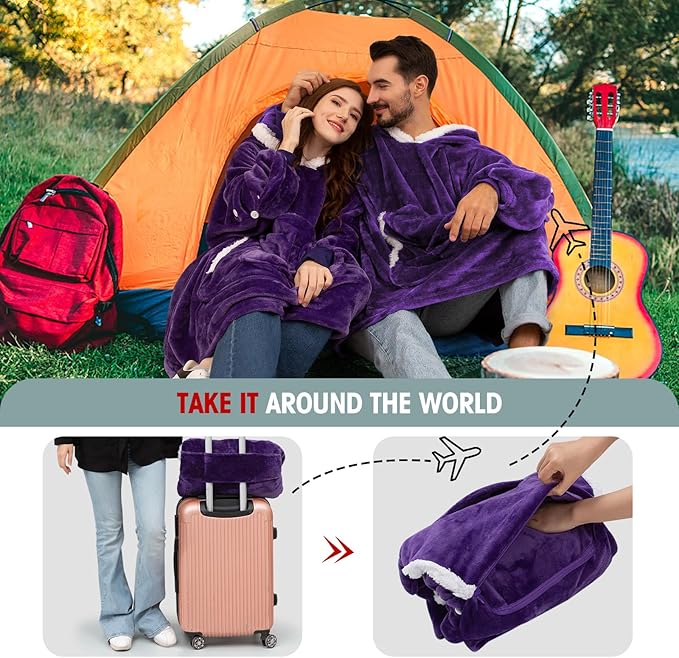 JOYWOO Purple Foldable Wearable Blanket Hoodie with Gloves,Oversized Cat Lovers Sweatshirt Blanket for Adult, Birthday Gifts for Women,Mom,Grandma,Cozy Sherpa Blanket with Giant Pocket Winter Gifts