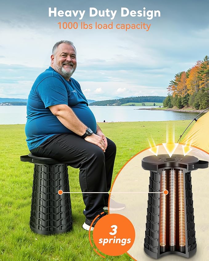 Portable Heavy Duty Collapsible Stool - Adjustable Stool for Camping | Wide Seat, 20.3'' Extra Tall, 1000 LBs Load Capacity, Retractable, Folding Chair for Fishing, Hunting & Outdoor