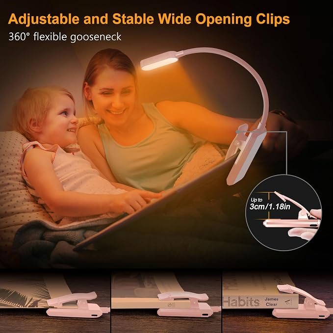 Gritin 16 LED Rechargeable Book Light for Reading in Bed | Eye Caring 3 Color Temperatures, Stepless Dimming Brightness, 80 Hrs Runtime, Lightweight Flexible Clip on Light-Pink