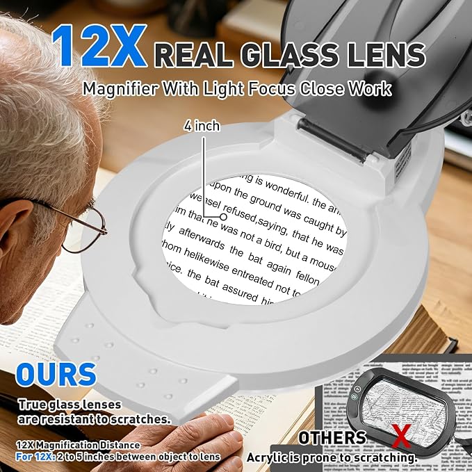 KIRKAS 12X LED Magnifying Lamp with Clamp, 2,200 Lumens Dimmable Bright | 28in Adjust Swivel Arm Magnifying Glass with Light for Repair Reading Craft Needlework Workbench Magnifier Dust Cover White