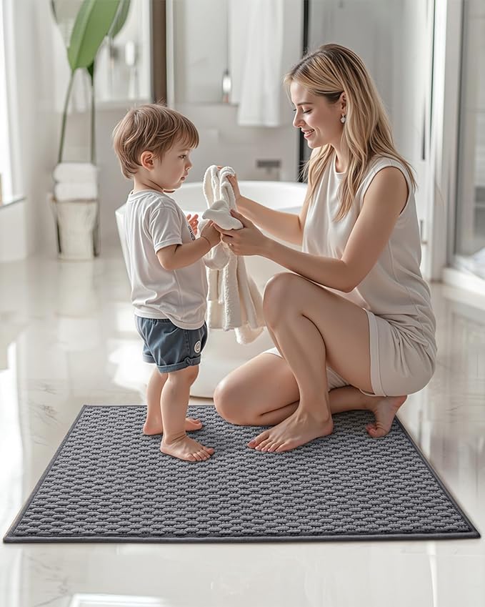 Color&Geometry Bathroom Rugs with Rubber Backing, Non Slip Machine Washable Bath Mat, Soft Absorbent Chenille Boho Carpet for Bathroom Floor, Tub and Shower,24"x36", Dark Grey