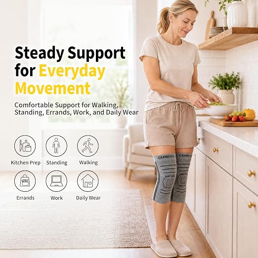 CAMBIVO 2 Pack Knee Brace for Women & Men, Latex Free & Silicone Free Compression Knee Sleeves with Side Stabilizers, Lightweight Knee Support for Arthritis, Meniscus, Walking, Running (Gray, Large)