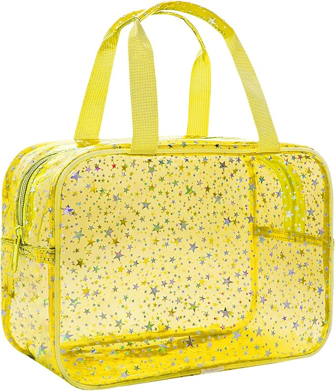 Clear Yellow Star Large Makeup Bag with Star Pattern 12x5x8 inch, Travel Cosmetic Bag with Handle, Durable PVC Material Washbag Zipper Opening Design for Makeup Travel Organizer or Gym Use