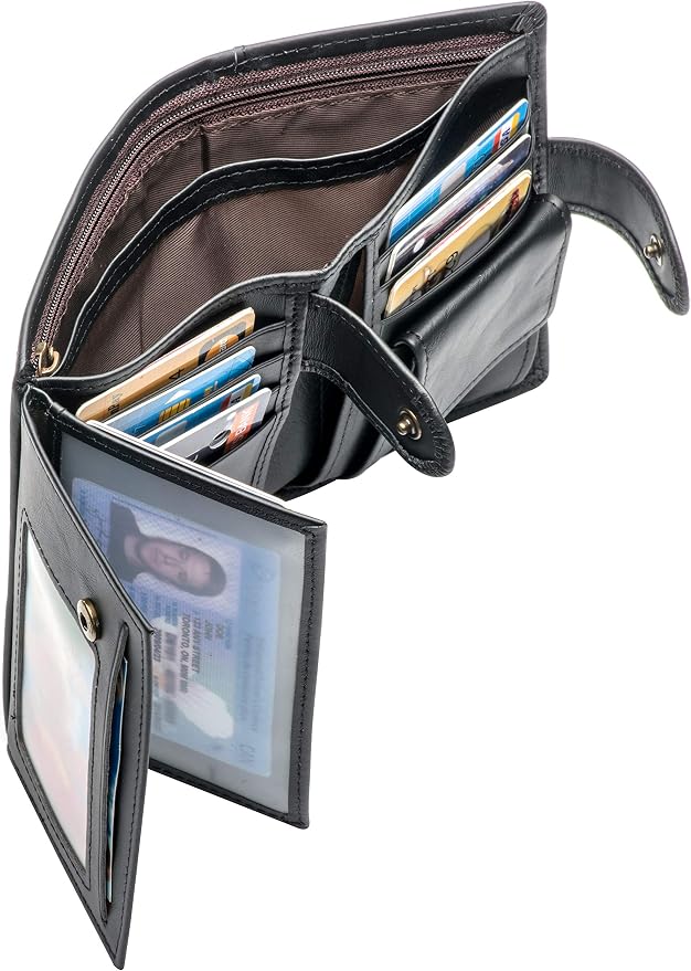 POKOFO Large RFID Genuine Leather Card Holder Trifold Wallet Snap Closure 3 ID Windows for men