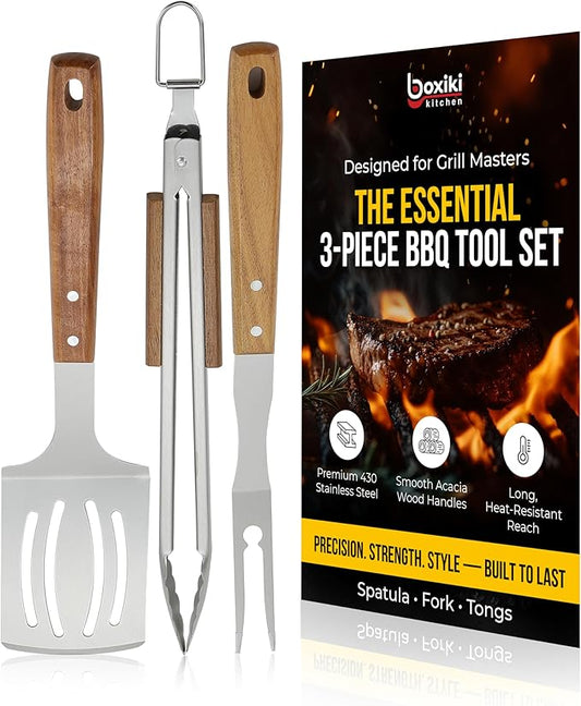3 PCS BBQ Tool Set – Stainless Steel Grill Accessories Kit with Spatula, Fork & Tong – Heavy Duty Barbecue Utensil Set for Outdoor Cooking, Camping & Backyard BBQ