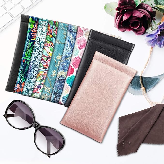 FINTIE Soft Eyeglasses Case with Cleaning Cloth, Portable Squeeze Top Vegan Leather Glasses Pouch, Sunglasses Eyewear Bag