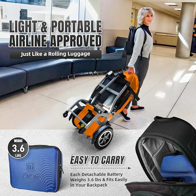 R3b-Mobility Scooters for Seniors Adults Ultra Lightweight 37.5 Ibs Electric Powered Folding 4 Wheel Mobility Scooter with Cup Holder, Compact Convenient for Travel Airline Approved, Orange