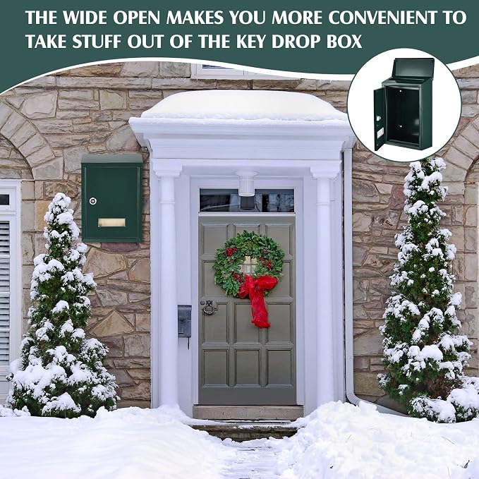 Amylove Weatherproof Mail Boxes with Key Lock, Security Locking Wall Mount Metal Mailbox with Slot for Outside, Large Capacity for Mail, Packages, Donations, Voting 11.8" H x 8.3" L x 2.8" W, Green