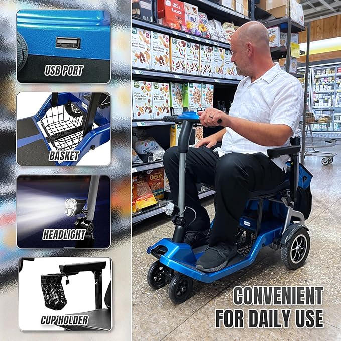 R3b-Mobility Scooters for Seniors Adults Ultra Lightweight 37.5 Ibs Electric Powered Folding 4 Wheel Mobility Scooter with Cup Holder, Compact & Convenient for Travel Airline Approved, Blue