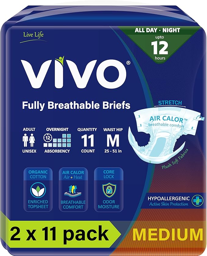 VIVO Organic Cotton Overnight Sensitive Skin Adult Incontinence Diaper Briefs with Tabs, Medium 22 Count