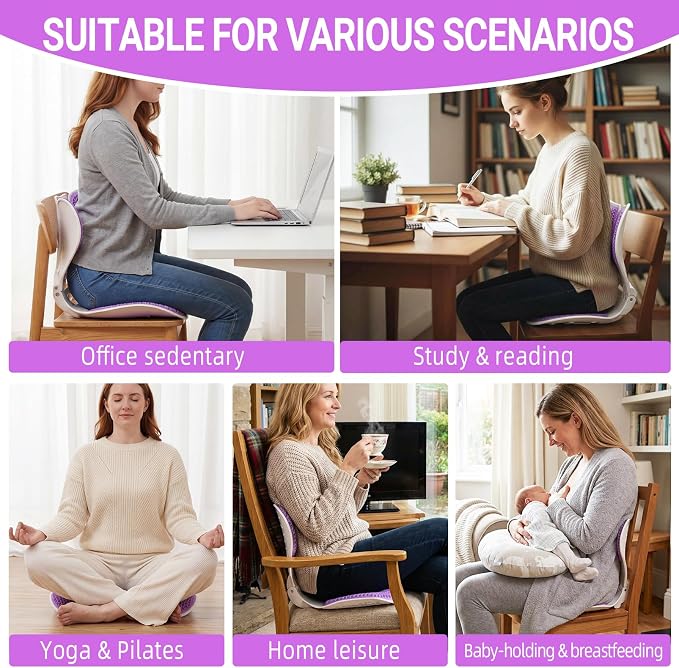 Ergonomic Gel Back Support for Office Chair - Folding Lumbar Support Posture Corrector,Portable Chair Back Rest Support for Floor Seat, Perfect for Home, Work, Vehicle,Purple