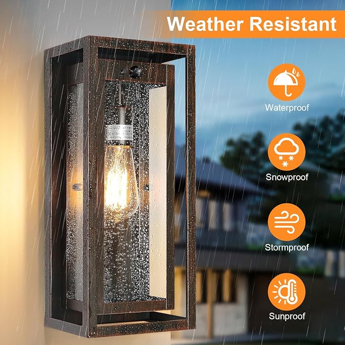 15" Motion Sensor Outdoor Wall Lights, Outdoor Sconces, 2 Pack | Dusk to Dawn, Large Size, Anti-Rust, Waterproof, Easy Installation, Distressed Brown Exterior Lighting Fixtures for Porch