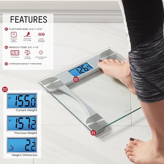 Taylor Digital Bathroom Scale with Glass Platform and Blue Backlit Display - Body Weight Scale, 440 lb Capacity, 2-User Weight Tracking, 12.2 in Platform, Clear