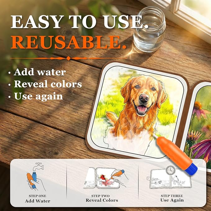 Codonen 2 Pack Reusable Water Painting Books for Seniors, No-Mess Water Reveal Activity Set for Dementia & Alzheimer’s Care, 20 Pages, 2 Pens, Gift for Elderly Loved Ones