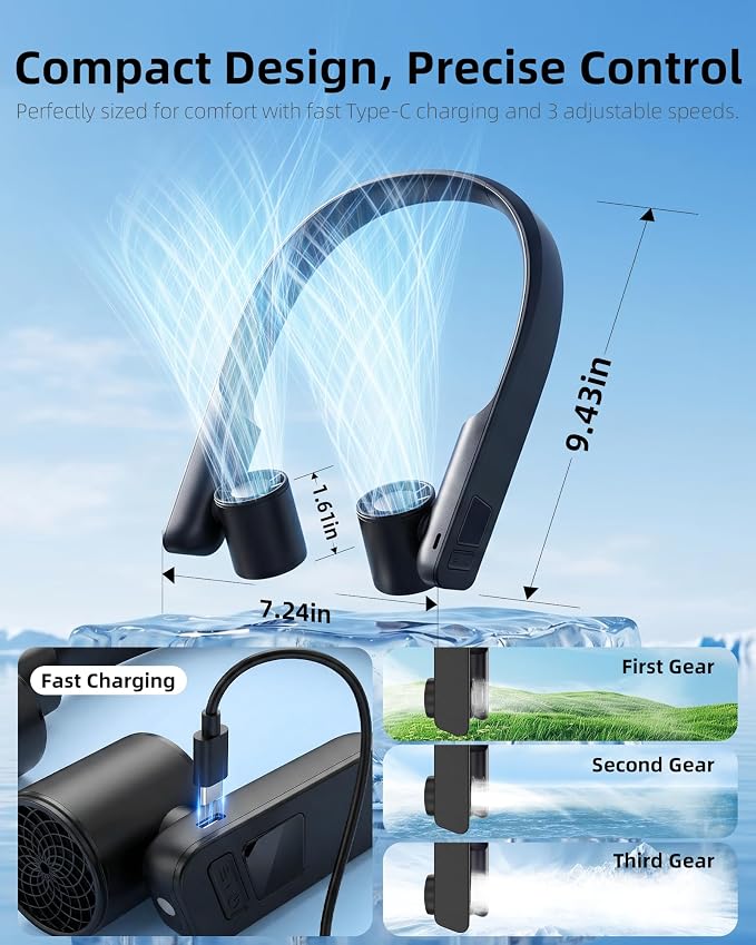 FrSara Portable Neck Fan that Blows Cold Air Rechargeable, Personal Battery Powered Cooling Device with USB TYPE-C, LED Display, Light, 3-Speed, 3000mAh, Ideal Present for Women, Men, Travel, Black