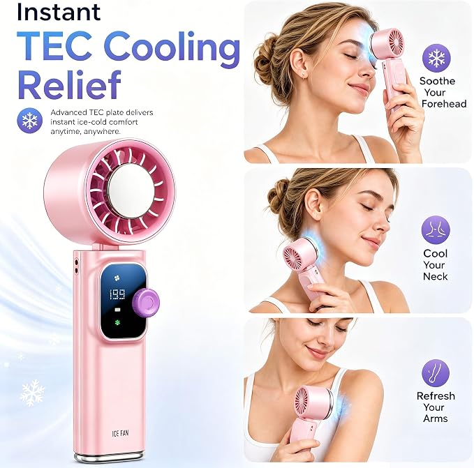 Portable Handheld Fan with Ice Cooling Personal Rechargeable Mini Neck Fan | 20000RPM,199-Speed 4000mAh Battery Powered up to 15hrs with LED Display for Travel, Camping & Outdoor, Pink