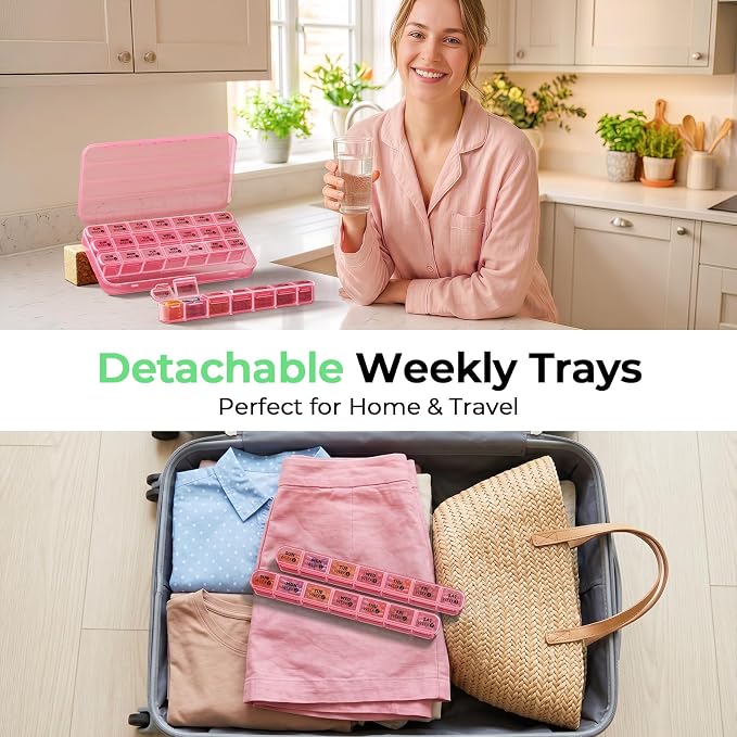 Daviky Monthly Pill Organizer 28 Day, 4 Week Pill Box with Removable Weekly Trays, Large BPA-Free Pill Organizer for Vitamins, Supplements and Medication, Travel Pill Case with Storage Box, Pink