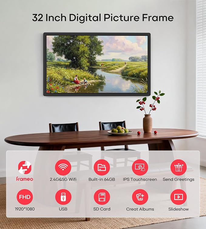 Frameo 32" Extra Large Digital Picture Frame WiFi 64GB, 1920 x 1080 FHD IPS Touch Screen Electronic Photo Frames, Wall Mounted, Auto-Rotate, Support USB and SD Card, Share Photos Videos Instantly