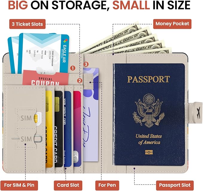 Passport Holder for Travel Essentials, RFID Blocking Leather Cover Wallet with Magnetic Closure, Aesthetic & Cute Passport Book Case for Women and Men - Cat