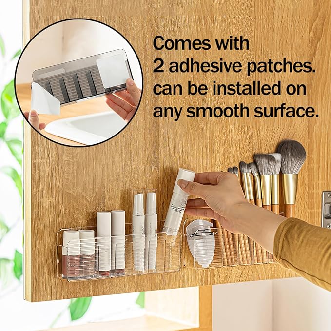 MORNITE Bathroom Medicine Cabinet Organizer Set, Small Narrow Compact Shelves Holder Compartments for Lipstick, Facial Mask, 2 Pcs Trays for Cabinet Wall, Vanity - Clear