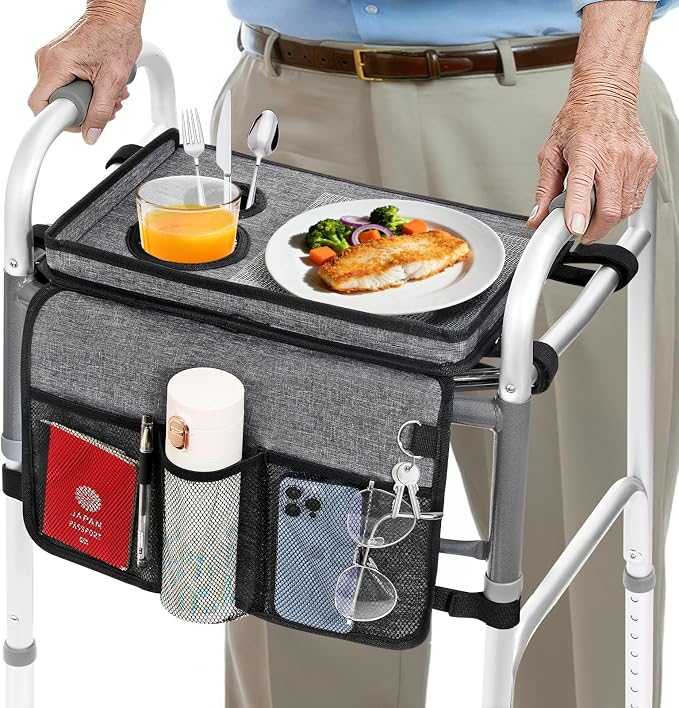 Rhino Valley Walker Tray for Folding Walker,Tray for Walker with Cup Holder | Tray for Walkers with Non-Slip Mat for Food, 3 Front Pockets & 3 Cup Holders, Walker Accessories for Senior, Gray