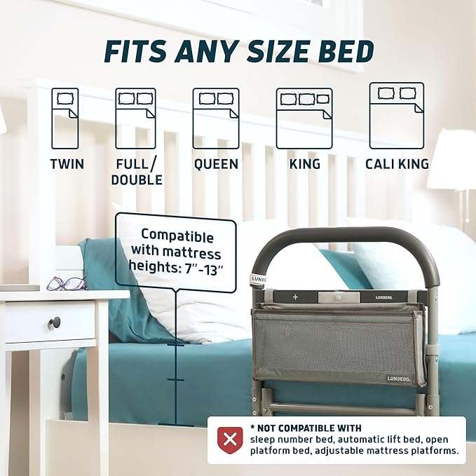 Lunderg Large Bed Assist Rail for Seniors with Motion Light & Storage Bag | Easy to Install Bed Rails for Elderly Adults Safety & Post-Surgery - Helps Reduce Falls & Support Independence