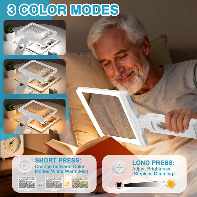 30X 6X Rechargeable Magnifying Glass for Reading, Large Full Page Magnifier with Folding Stand, 3 Color Light Modes, Dimmable LED Lighted, Hands Free Book Magnifier for Low Vision Seniors, White