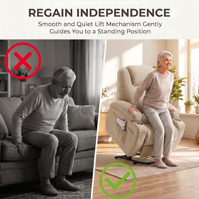 Flamaker Power Lift Chair Massage Recliner Chairs for Elderly | Ergonomic Lift Recliner Design with Cup Holders & Side Pockets, Remote Control (Beige)